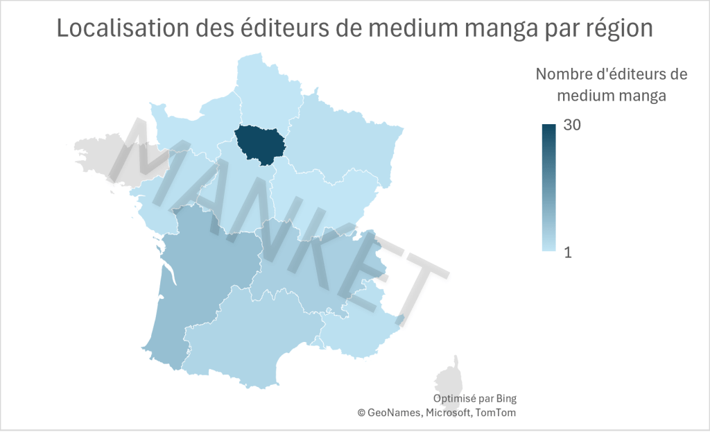 Carte montrant la localisation des éditeurs de medium manga par région