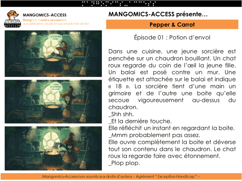 Adaptation de la bande dessinée Pepper & Carrot par Mangomics. La BD est transformée en texte descriptif 